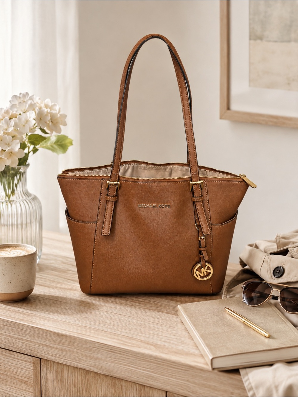 Michael Kors Jet Set Tote Brown Saffiano Leather Shoulder Bag MK Charm - Picture 3 of 14
